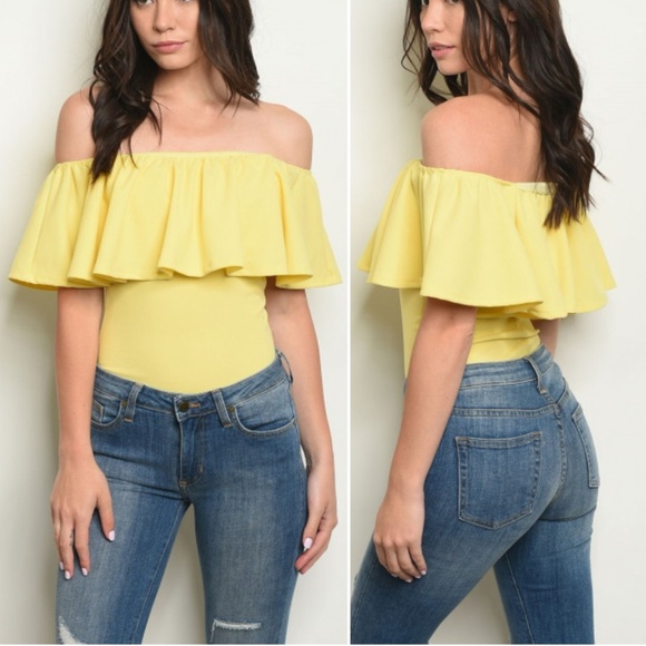 Trend Setter Diva Boutique Tops - YELLOW OFF SHOULDER RUFFLE BODY SUIT